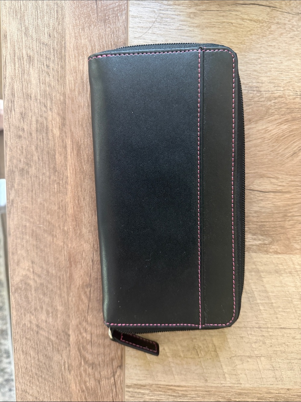Women’s Black Zip-Around Wallet with Pink Stitching - Brand new.